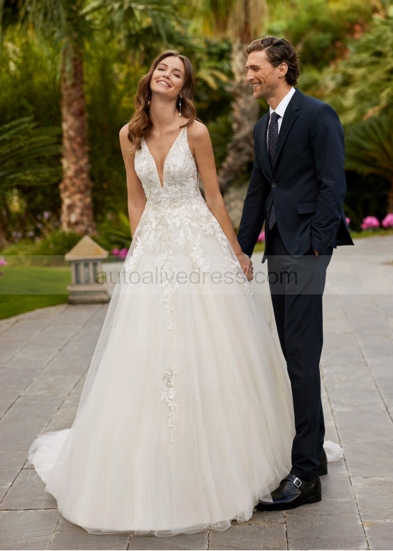 Beaded Plunging Neck Ivory Lace Tulle Exclusive Wedding Dress